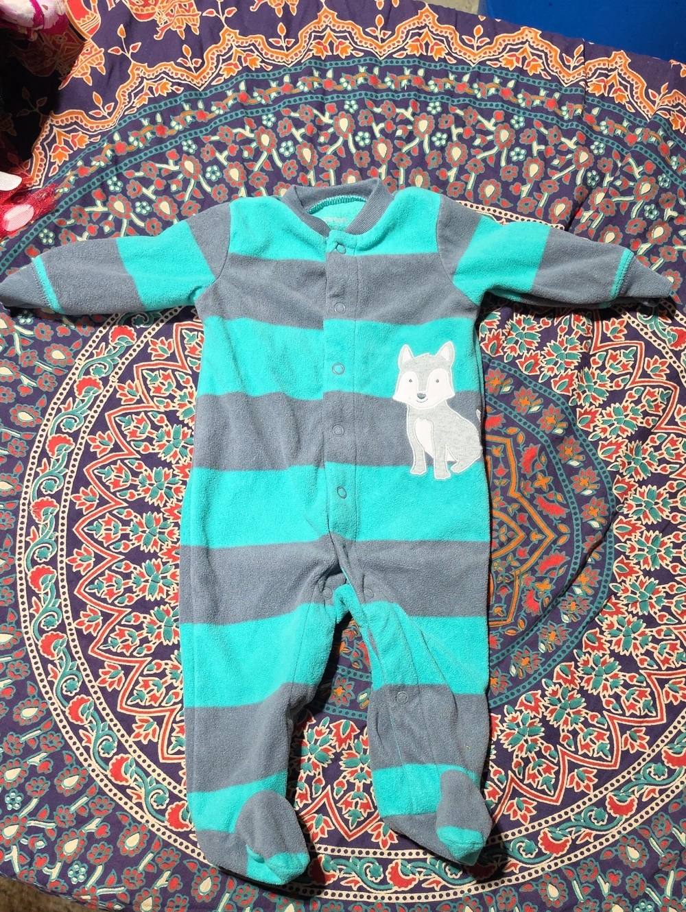 Carter's Teal and Gray Striped Baby Footie with Fox Applique